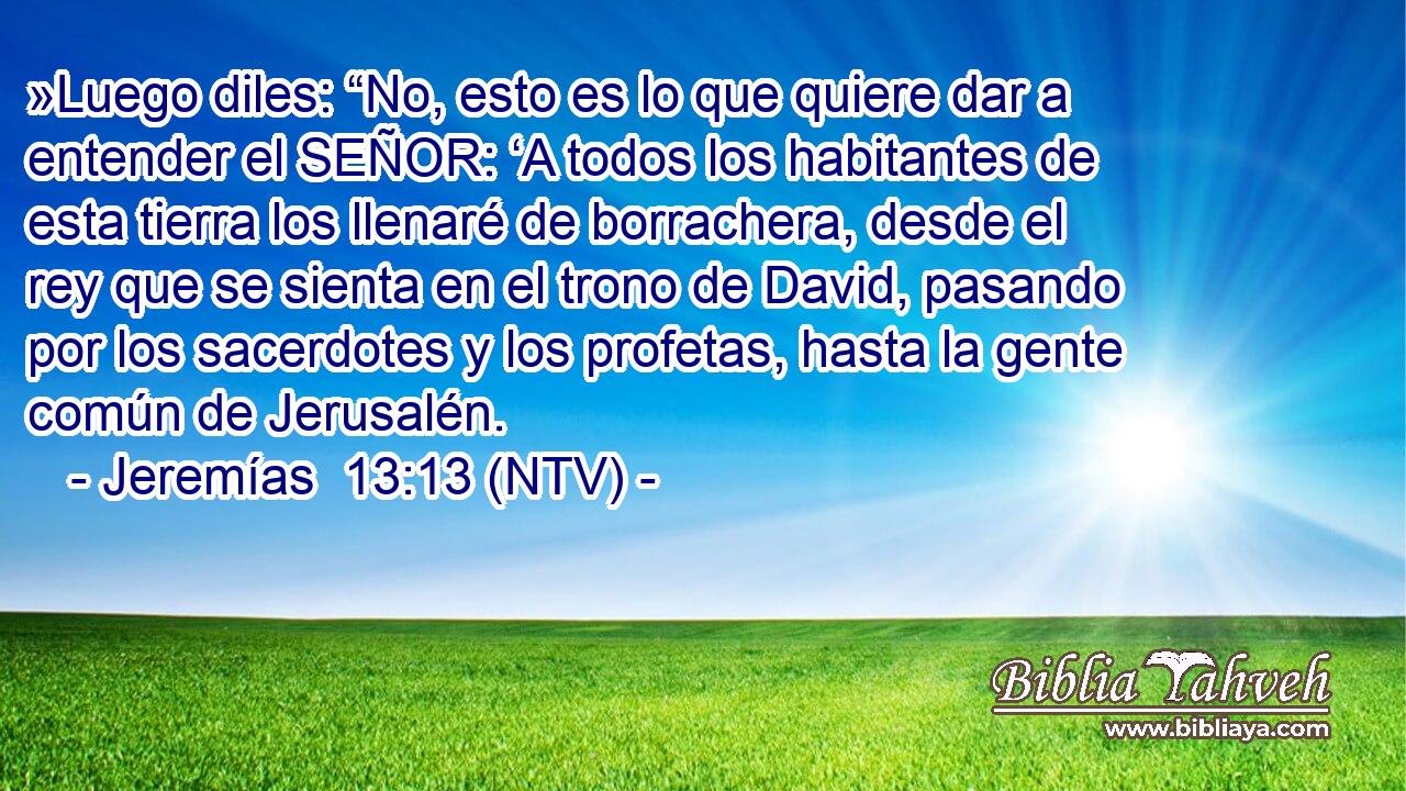 »Luego diles: “No, esto es lo que quiere dar a entender el SEÑOR: ‘A todos los habitantes de esta tierra los llenaré de borrachera, desde el rey que se sienta en el trono de David, pasando por los sacerdotes y los profetas, hasta la gente común de Jerusalén.