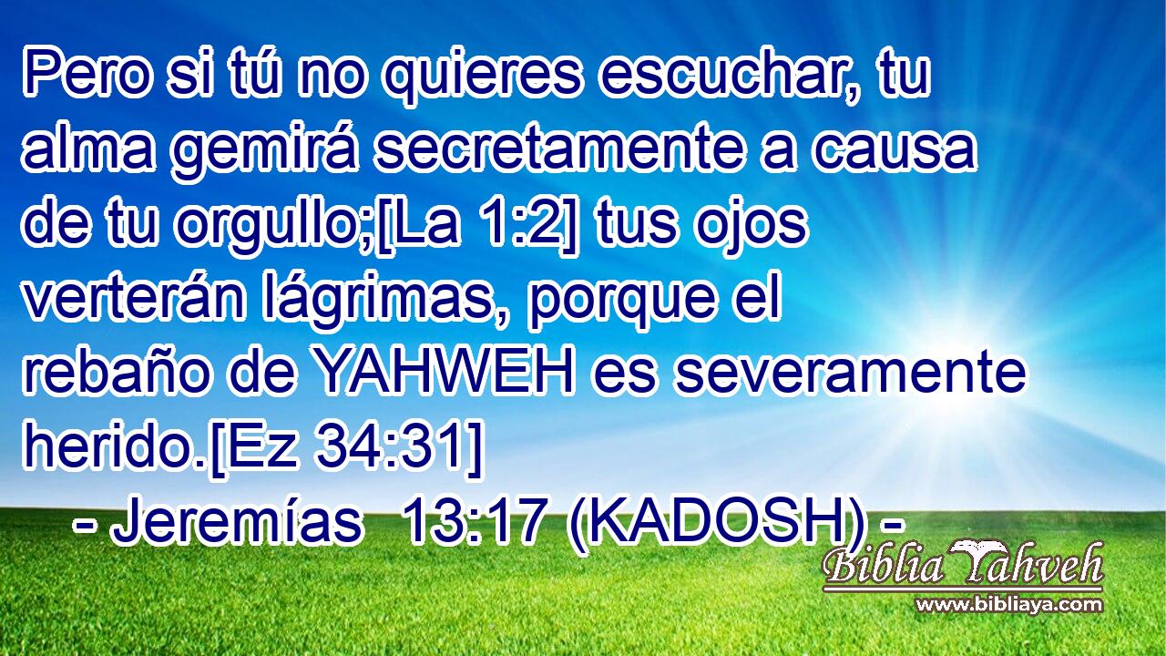  Pero si tú no quieres escuchar, tu alma gemirá secretamente a causa de tu orgullo;[La 1:2] tus ojos verterán lágrimas, porque el rebaño de YAHWEH es severamente herido.[Ez 34:31] 