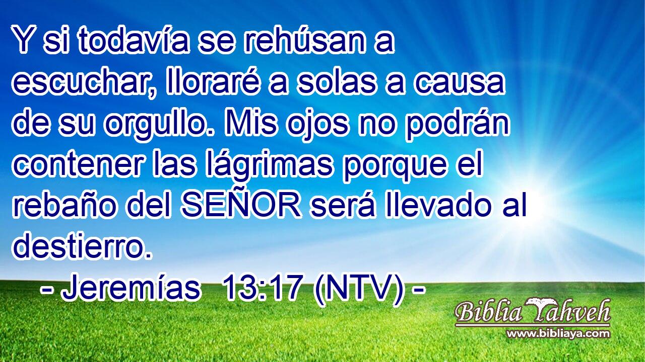 Y si todavía se rehúsan a escuchar, lloraré a solas a causa de su orgullo. Mis ojos no podrán contener las lágrimas porque el rebaño del SEÑOR será llevado al destierro.