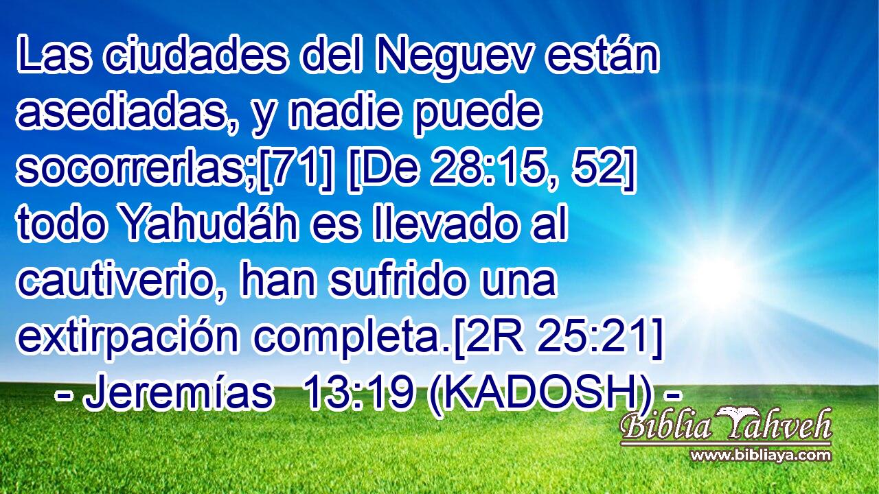  Las ciudades del Neguev están asediadas, y nadie puede socorrerlas;[71] [De 28:15, 52] todo Yahudáh es llevado al cautiverio, han sufrido una extirpación completa.[2R 25:21] 