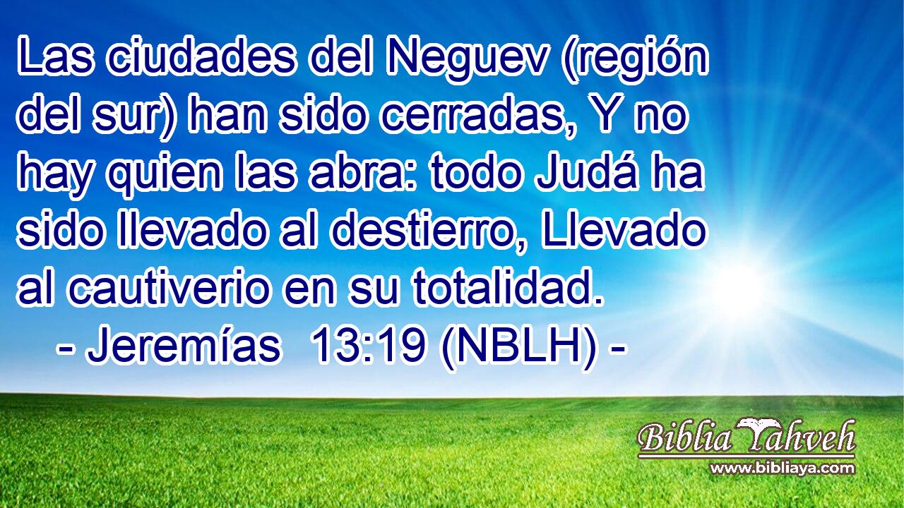  Las ciudades del Neguev (región del sur) han sido cerradas, Y no hay quien las abra: todo Judá ha sido llevado al destierro, Llevado al cautiverio en su totalidad. 