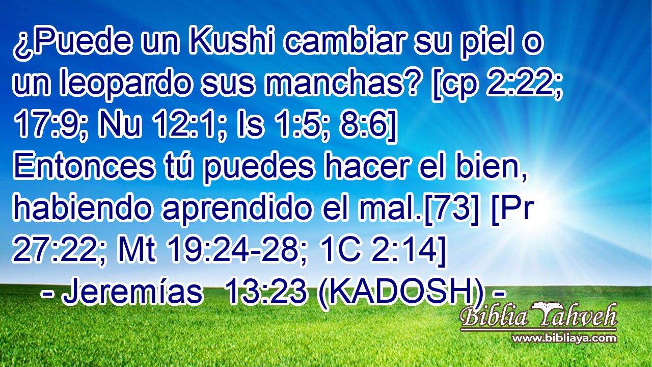  ¿Puede un Kushi cambiar su piel o un leopardo sus manchas? [cp 2:22; 17:9; Nu 12:1; Is 1:5; 8:6] Entonces tú puedes hacer el bien, habiendo aprendido el mal.[73] [Pr 27:22; Mt 19:24-28; 1C 2:14] 