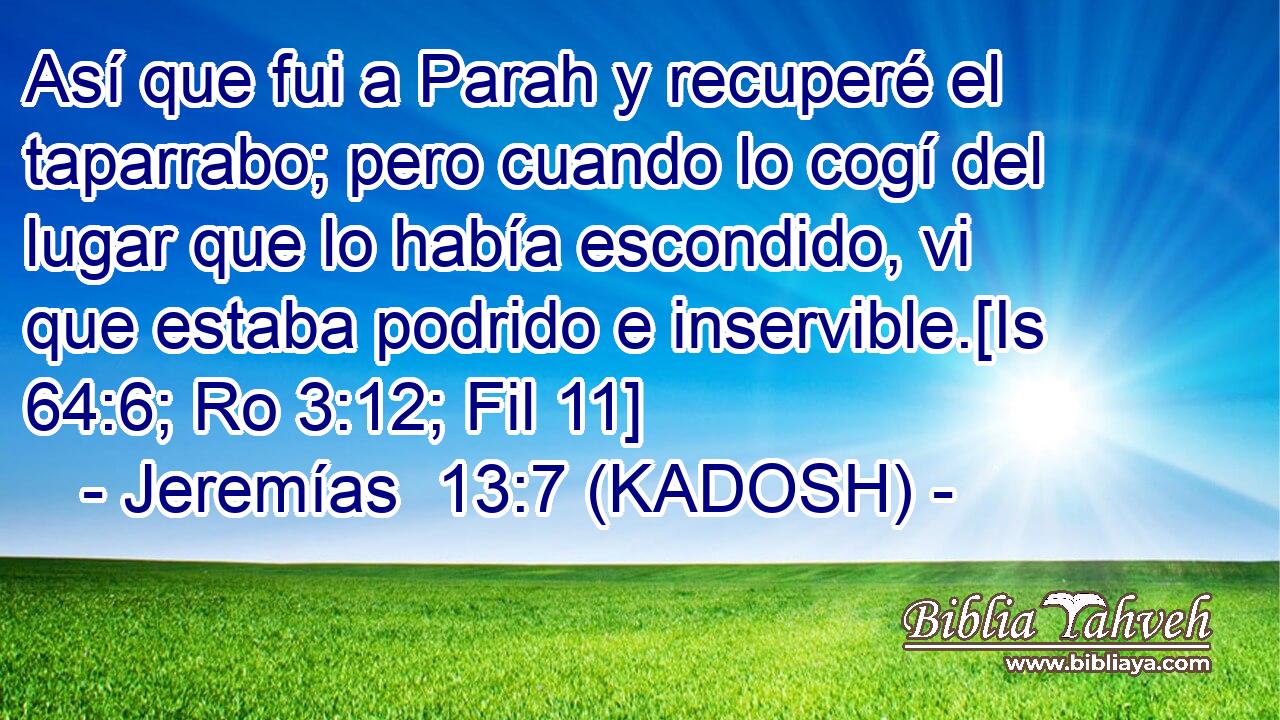  Así que fui a Parah y recuperé el taparrabo; pero cuando lo cogí del lugar que lo había escondido, vi que estaba podrido e inservible.[Is 64:6; Ro 3:12; Fil 11] 