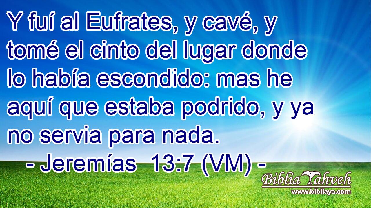  Y fuí al Eufrates, y cavé, y tomé el cinto del lugar donde lo había escondido: mas he aquí que estaba podrido, y ya no servia para nada. 