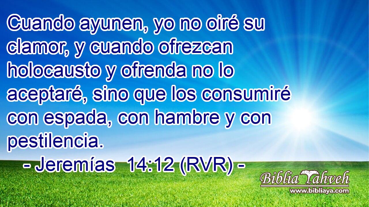 Cuando ayunen, yo no oiré su clamor, y cuando ofrezcan holocausto y ofrenda no lo aceptaré, sino que los consumiré con espada, con hambre y con pestilencia.