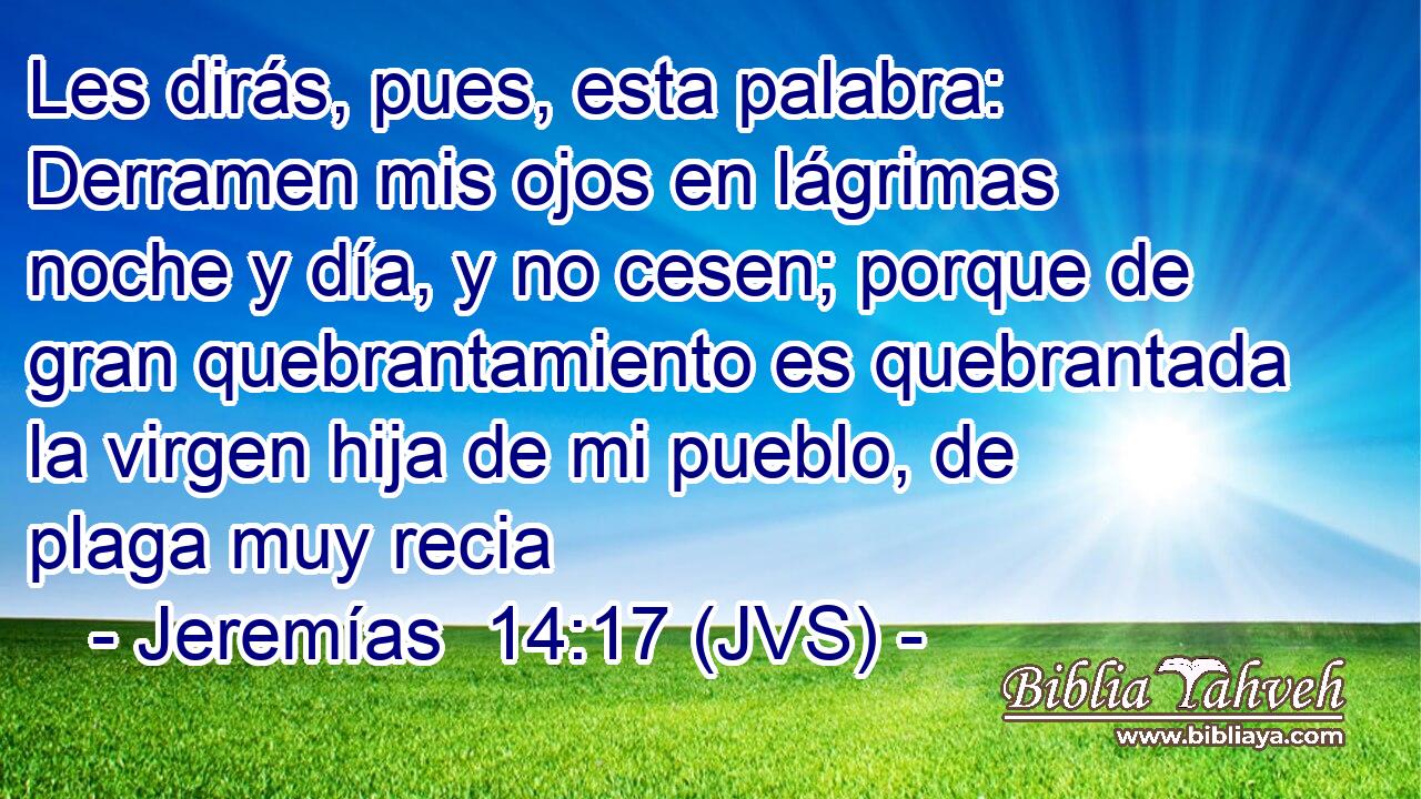 Les dirás, pues, esta palabra: Derramen mis ojos en lágrimas noche y día, y no cesen; porque de gran quebrantamiento es quebrantada la virgen hija de mi pueblo, de plaga muy recia