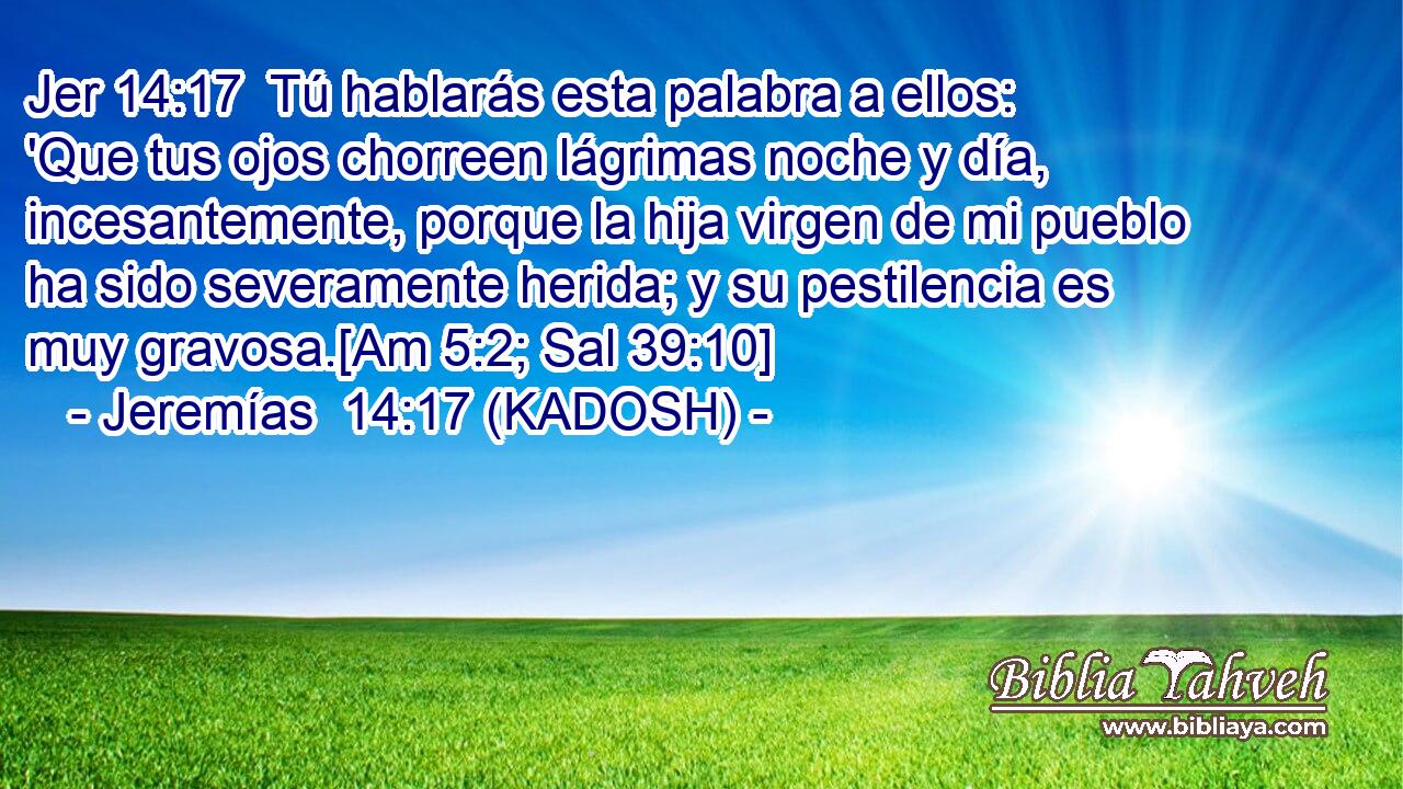  Tú hablarás esta palabra a ellos: 'Que tus ojos chorreen lágrimas noche y día, incesantemente, porque la hija virgen de mi pueblo ha sido severamente herida; y su pestilencia es muy gravosa.[Am 5:2; Sal 39:10] 