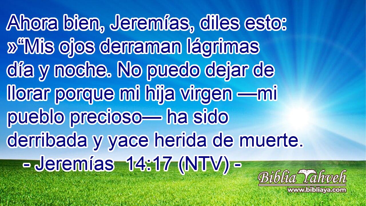 Ahora bien, Jeremías, diles esto: »“Mis ojos derraman lágrimas día y noche. No puedo dejar de llorar porque mi hija virgen —mi pueblo precioso— ha sido derribada y yace herida de muerte.