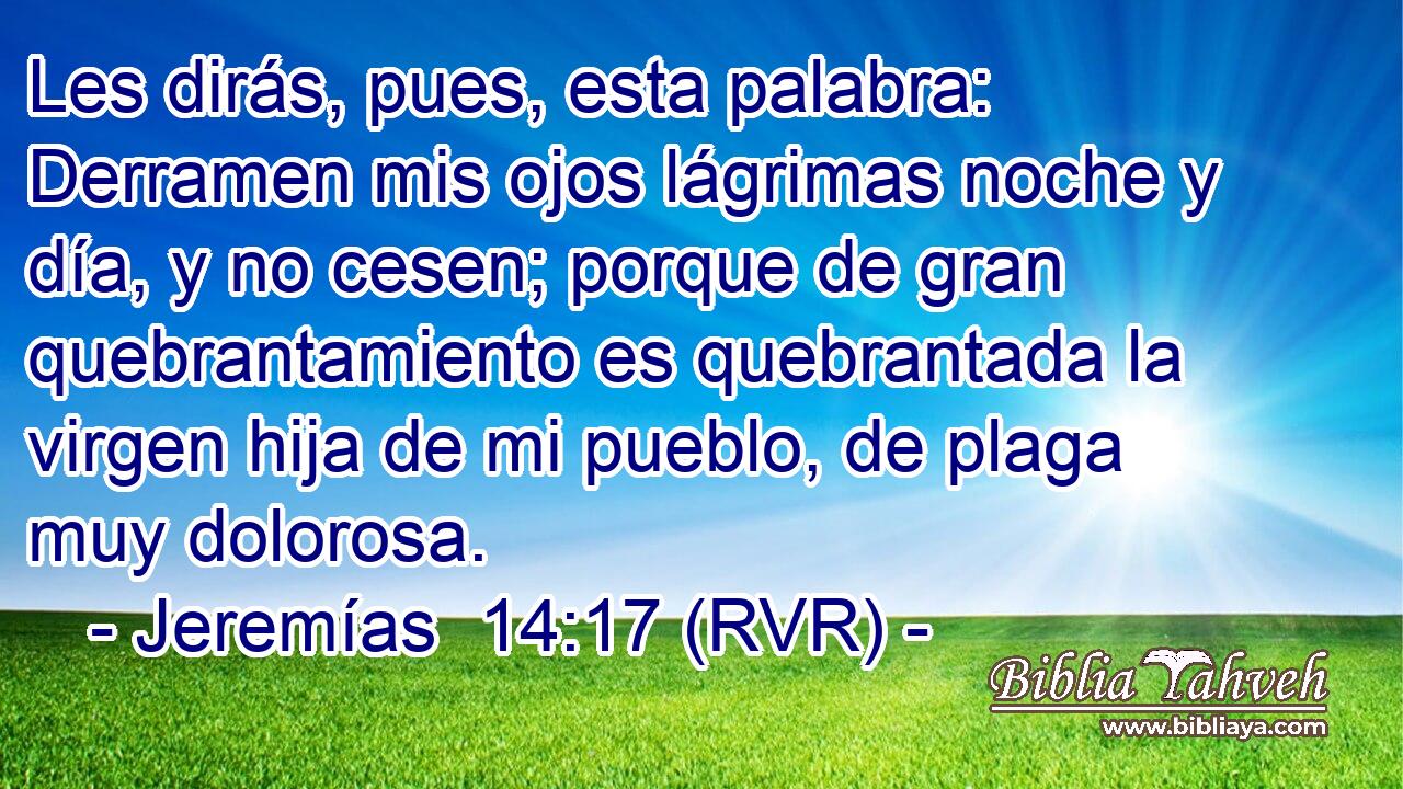 Les dirás, pues, esta palabra: Derramen mis ojos lágrimas noche y día, y no cesen; porque de gran quebrantamiento es quebrantada la virgen hija de mi pueblo, de plaga muy dolorosa.