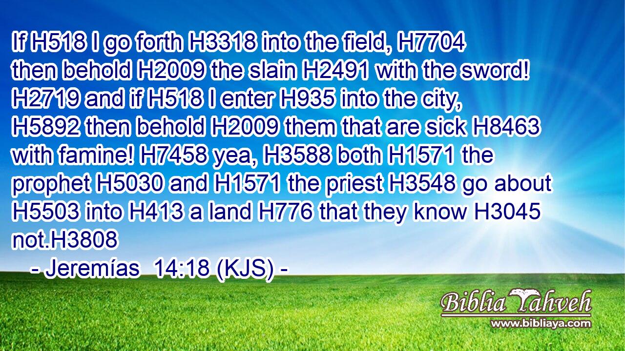 If H518 I go forth H3318 into the field, H7704 then behold H2009 the slain H2491 with the sword! H2719 and if H518 I enter H935 into the city, H5892 then behold H2009 them that are sick H8463 with famine! H7458 yea, H3588 both H1571 the prophet H5030 and H1571 the priest H3548 go about H5503 into H413 a land H776 that they know H3045 not.H3808
