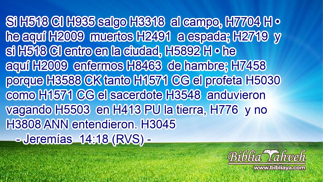 Si H518 CI H935 salgo H3318  al campo, H7704 H • he aquí H2009  muertos H2491  a espada; H2719  y si H518 CI entro en la ciudad, H5892 H • he aquí H2009  enfermos H8463  de hambre; H7458  porque H3588 CK tanto H1571 CG el profeta H5030  como H1571 CG el sacerdote H3548  anduvieron vagando H5503  en H413 PU la tierra, H776  y no H3808 ANN entendieron. H3045  
