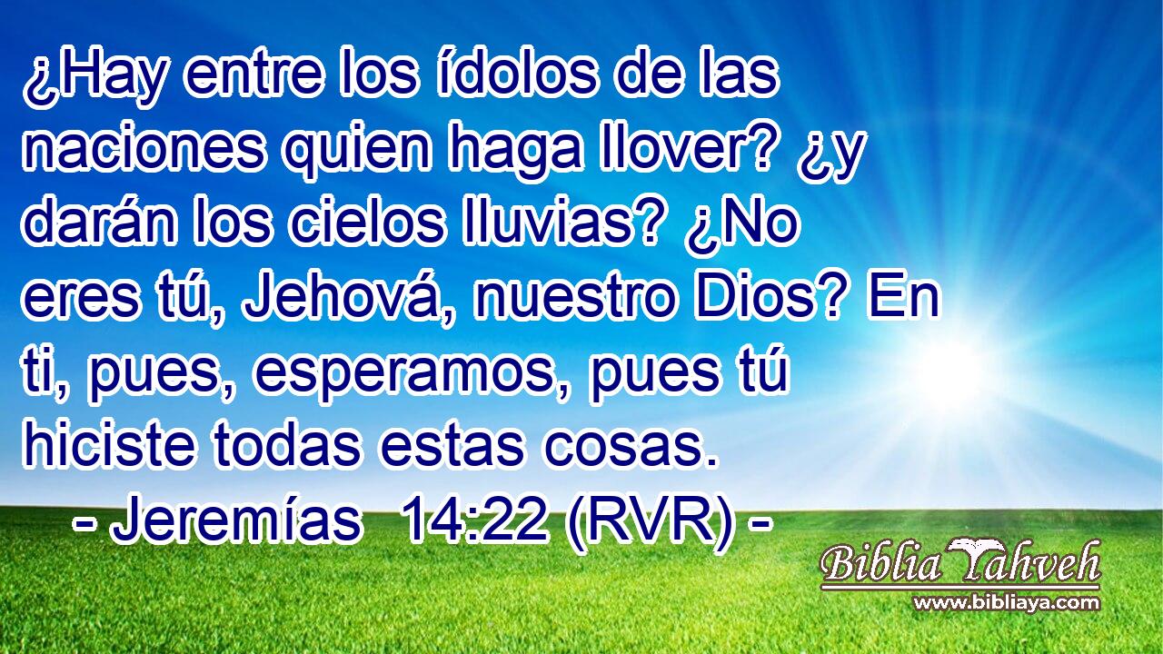 ¿Hay entre los ídolos de las naciones quien haga llover? ¿y darán los cielos lluvias? ¿No eres tú, Jehová, nuestro Dios? En ti, pues, esperamos, pues tú hiciste todas estas cosas.