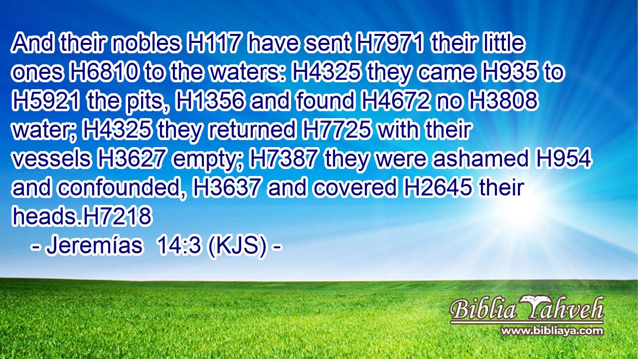 And their nobles H117 have sent H7971 their little ones H6810 to the waters: H4325 they came H935 to H5921 the pits, H1356 and found H4672 no H3808 water; H4325 they returned H7725 with their vessels H3627 empty; H7387 they were ashamed H954 and confounded, H3637 and covered H2645 their heads.H7218