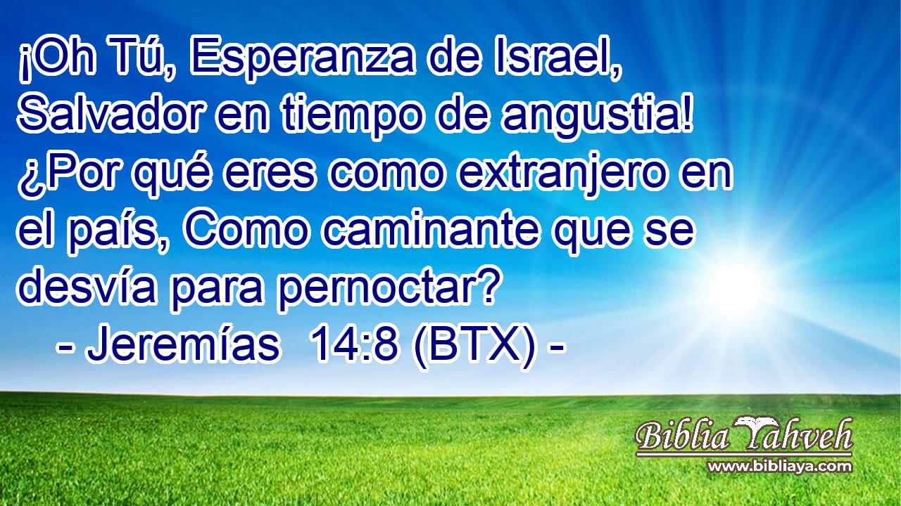 ¡Oh Tú, Esperanza de Israel, Salvador en tiempo de angustia! ¿Por qué eres como extranjero en el país, Como caminante que se desvía para pernoctar?