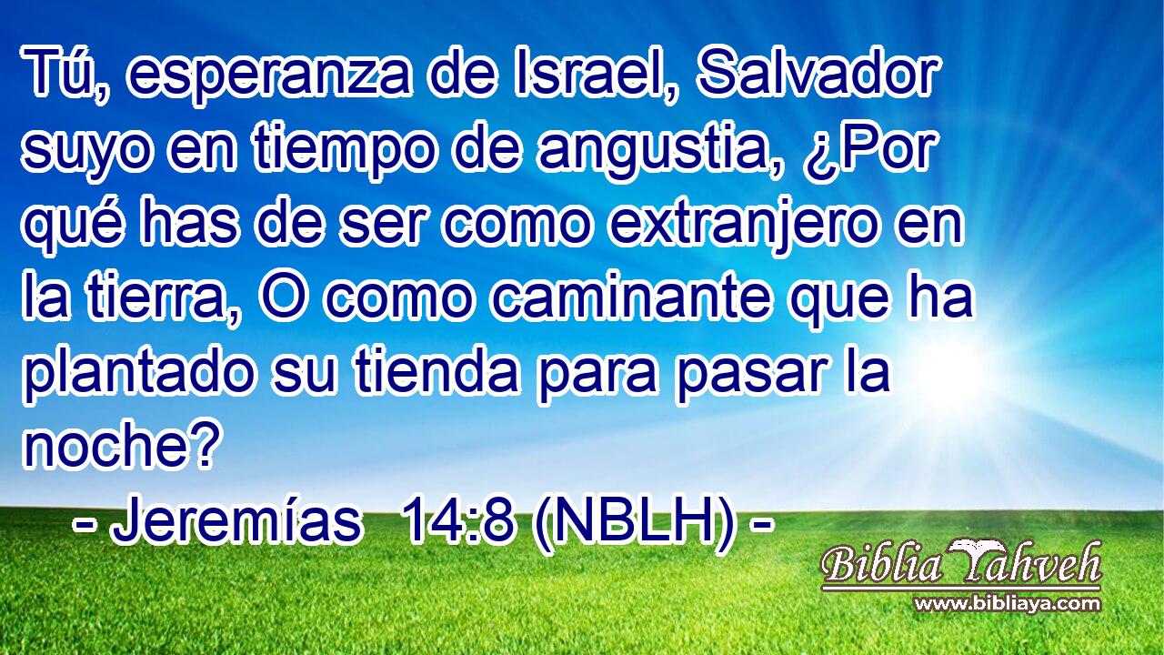  Tú, esperanza de Israel, Salvador suyo en tiempo de angustia, ¿Por qué has de ser como extranjero en la tierra, O como caminante que ha plantado su tienda para pasar la noche? 