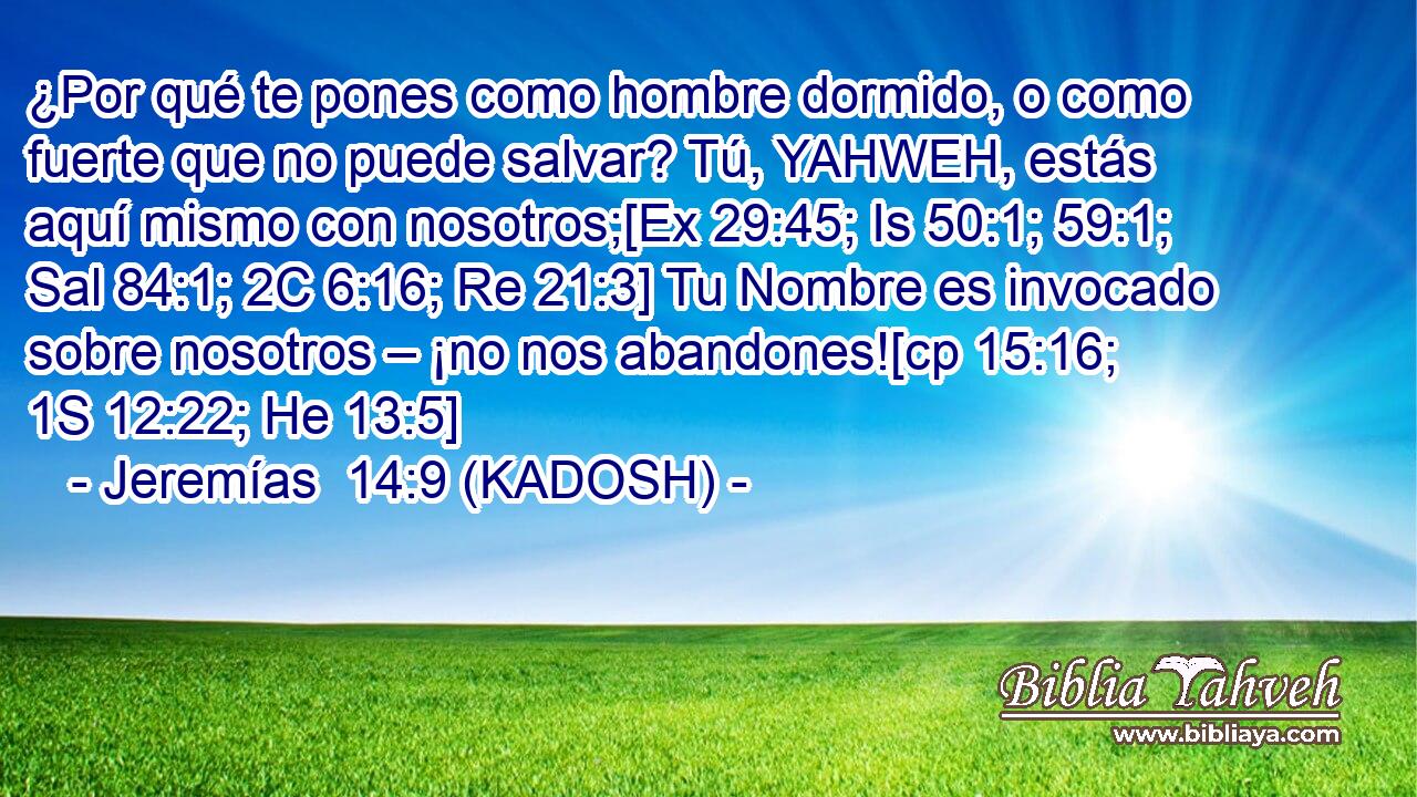  ¿Por qué te pones como hombre dormido, o como fuerte que no puede salvar? Tú, YAHWEH, estás aquí mismo con nosotros;[Ex 29:45; Is 50:1; 59:1; Sal 84:1; 2C 6:16; Re 21:3] Tu Nombre es invocado sobre nosotros – ¡no nos abandones![cp 15:16; 1S 12:22; He 13:5] 