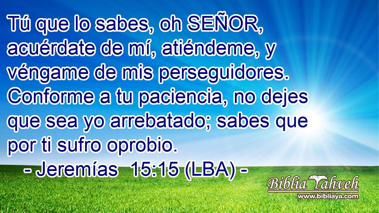 Tú que lo sabes, oh SEÑOR, acuérdate de mí, atiéndeme, y véngame de mis perseguidores. Conforme a tu paciencia, no dejes que sea yo arrebatado; sabes que por ti sufro oprobio.