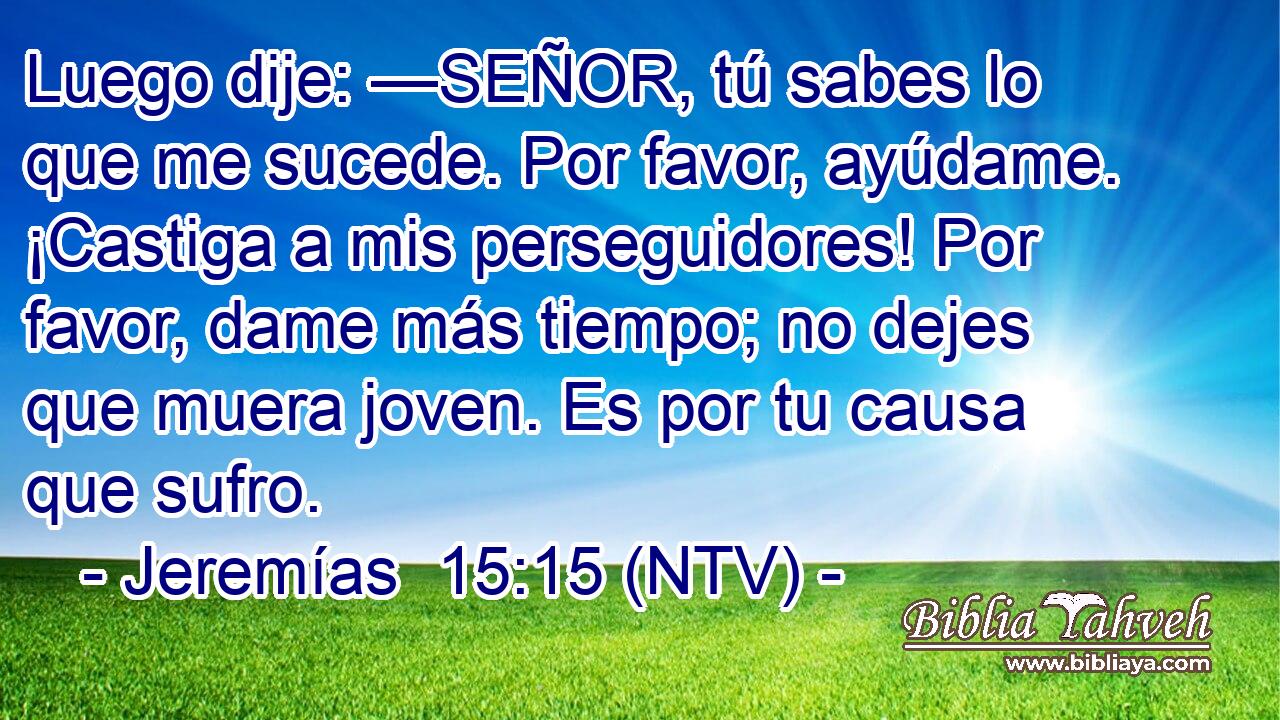 Luego dije: —SEÑOR, tú sabes lo que me sucede. Por favor, ayúdame. ¡Castiga a mis perseguidores! Por favor, dame más tiempo; no dejes que muera joven. Es por tu causa que sufro.