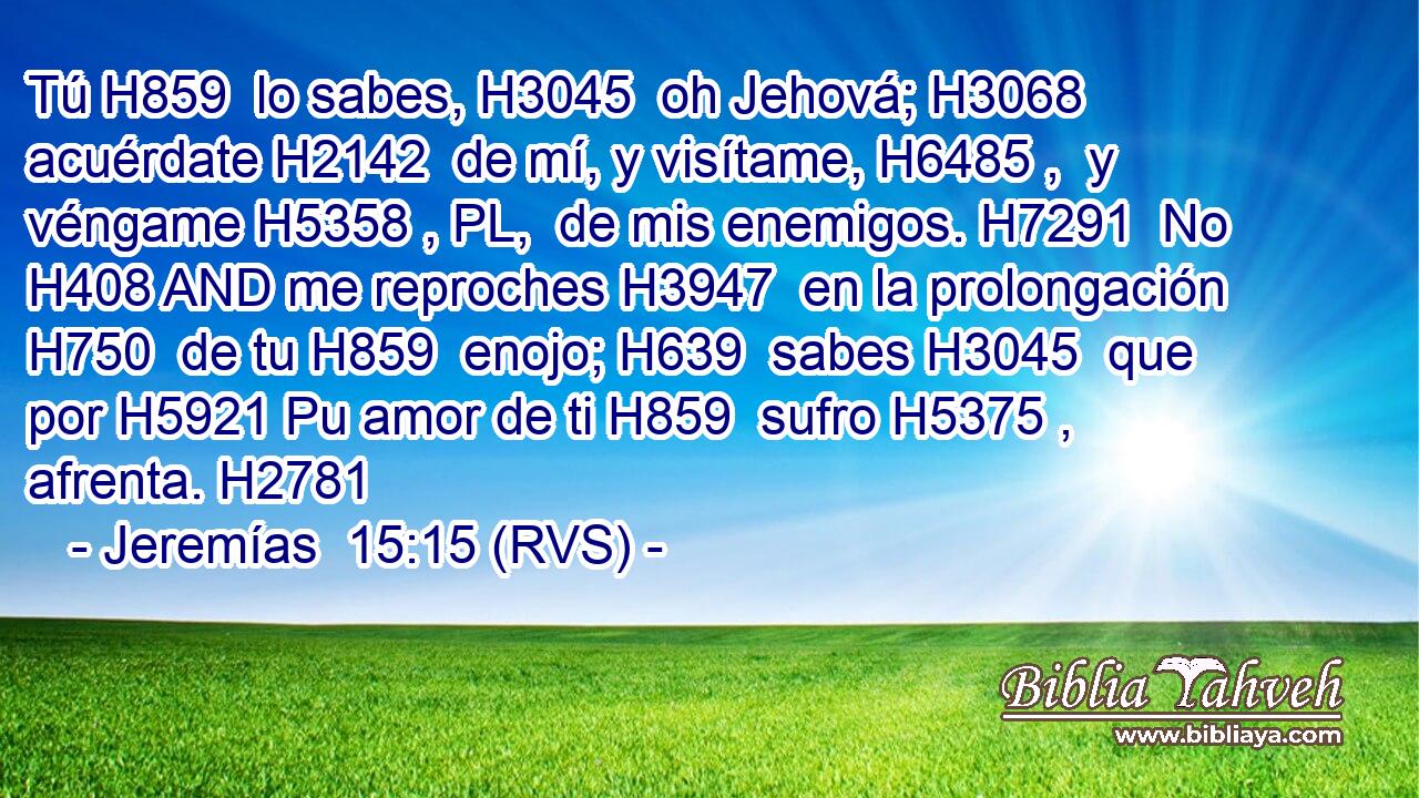 Tú H859  lo sabes, H3045  oh Jehová; H3068  acuérdate H2142  de mí, y visítame, H6485 ,  y véngame H5358 , PL,  de mis enemigos. H7291  No H408 AND me reproches H3947  en la prolongación H750  de tu H859  enojo; H639  sabes H3045  que por H5921 Pu amor de ti H859  sufro H5375 ,  afrenta. H2781  