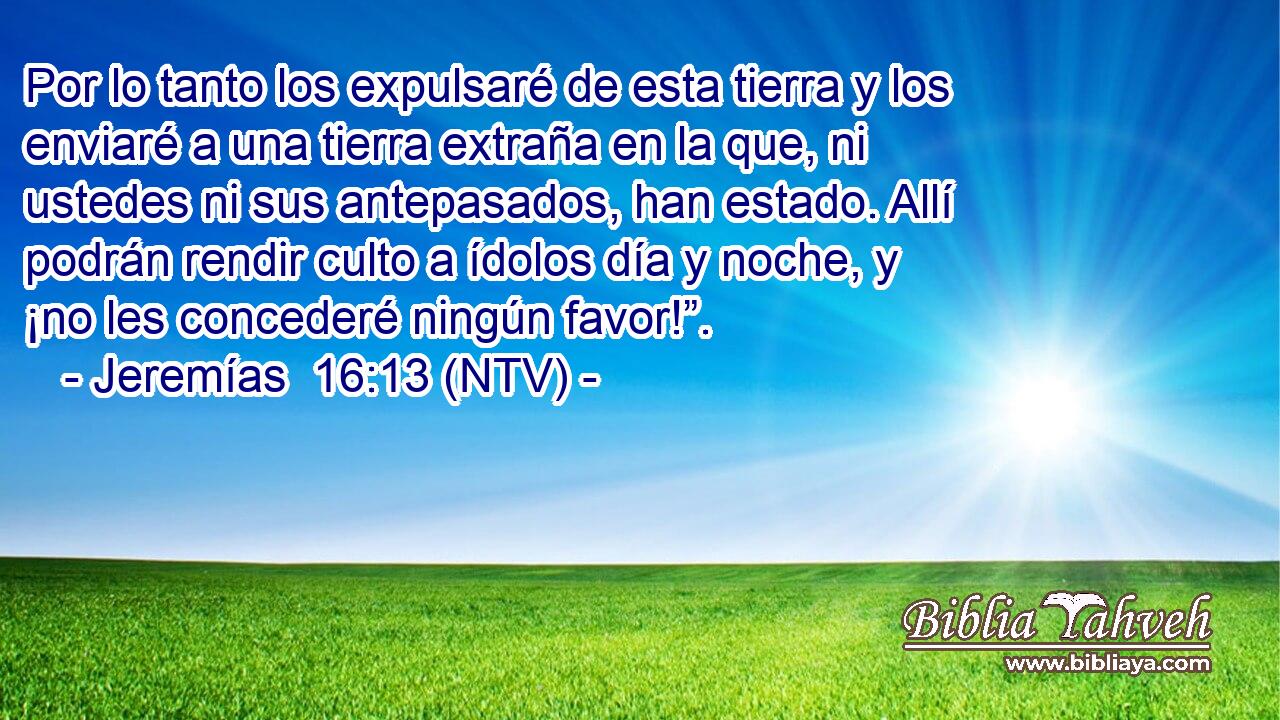Por lo tanto los expulsaré de esta tierra y los enviaré a una tierra extraña en la que, ni ustedes ni sus antepasados, han estado. Allí podrán rendir culto a ídolos día y noche, y ¡no les concederé ningún favor!”.