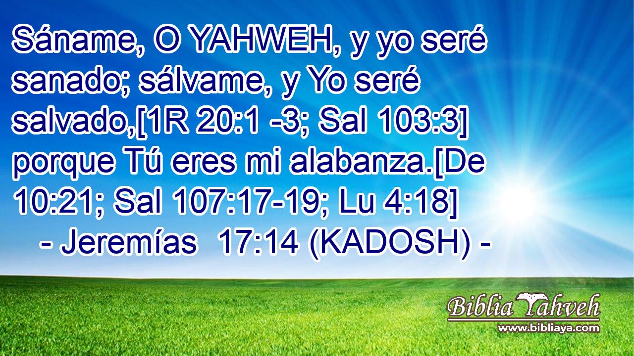  Sáname, O YAHWEH, y yo seré sanado; sálvame, y Yo seré salvado,[1R 20:1 -3; Sal 103:3] porque Tú eres mi alabanza.[De 10:21; Sal 107:17-19; Lu 4:18] 