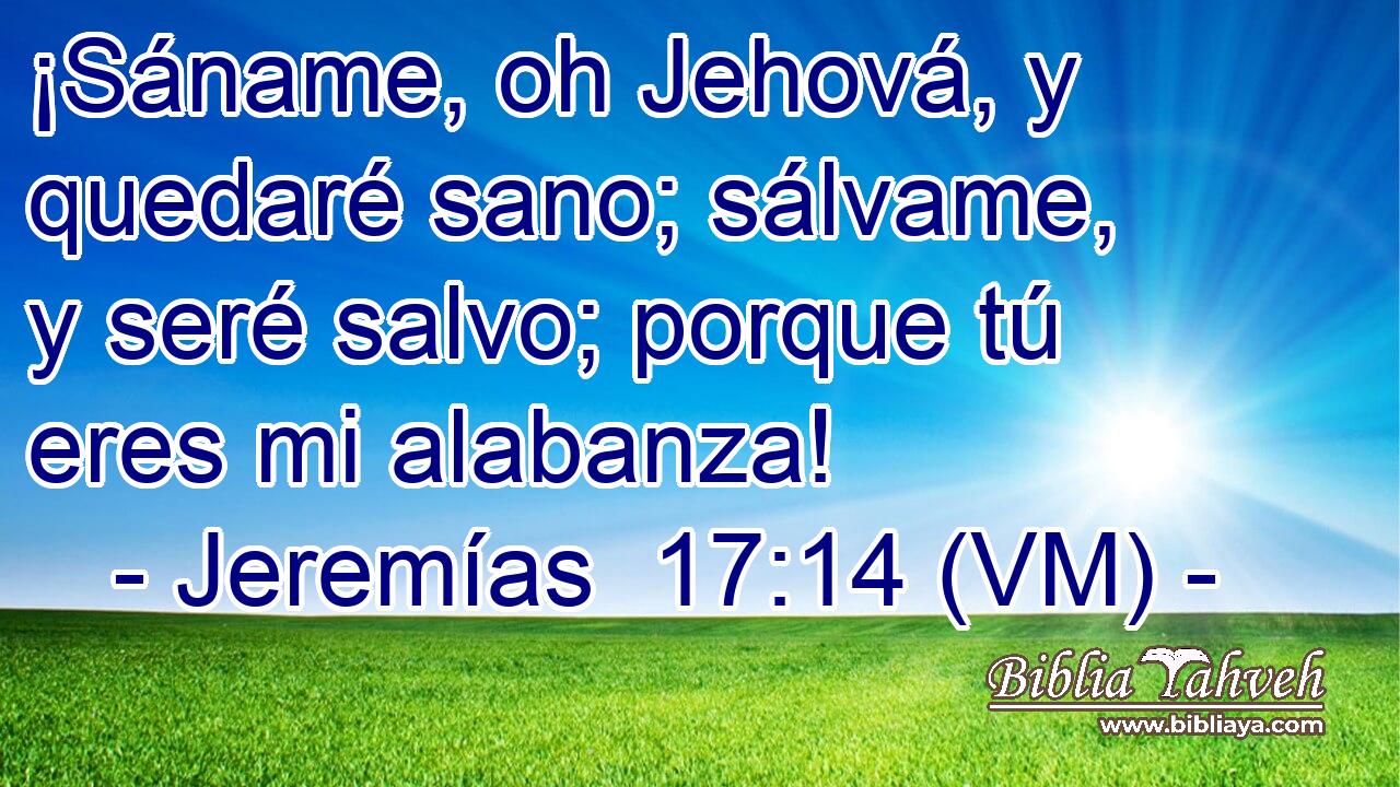  ¡Sáname, oh Jehová, y quedaré sano; sálvame, y seré salvo; porque tú eres mi alabanza! 