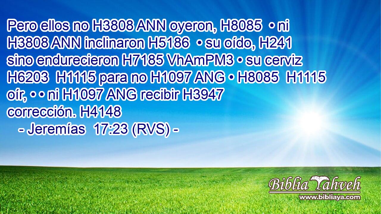 Pero ellos no H3808 ANN oyeron, H8085  • ni H3808 ANN inclinaron H5186  • su oído, H241  sino endurecieron H7185 VhAmPM3 • su cerviz H6203  H1115 para no H1097 ANG • H8085  H1115 oír, • • ni H1097 ANG recibir H3947  corrección. H4148  
