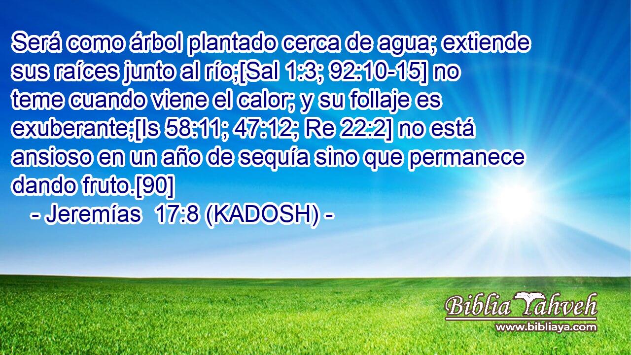  Será como árbol plantado cerca de agua; extiende sus raíces junto al río;[Sal 1:3; 92:10-15] no teme cuando viene el calor; y su follaje es exuberante;[Is 58:11; 47:12; Re 22:2] no está ansioso en un año de sequía sino que permanece dando fruto.[90] 