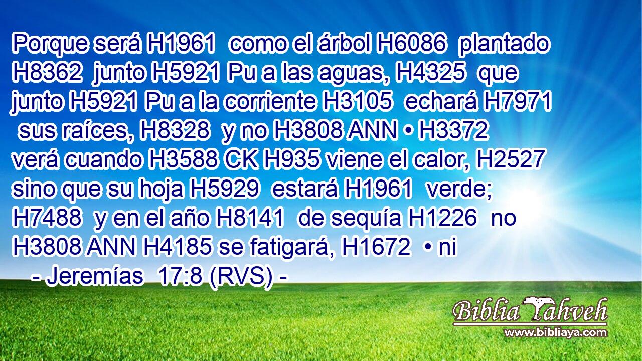 Porque será H1961  como el árbol H6086  plantado H8362  junto H5921 Pu a las aguas, H4325  que junto H5921 Pu a la corriente H3105  echará H7971  sus raíces, H8328  y no H3808 ANN • H3372  verá cuando H3588 CK H935 viene el calor, H2527  sino que su hoja H5929  estará H1961  verde; H7488  y en el año H8141  de sequía H1226  no H3808 ANN H4185 se fatigará, H1672  • ni