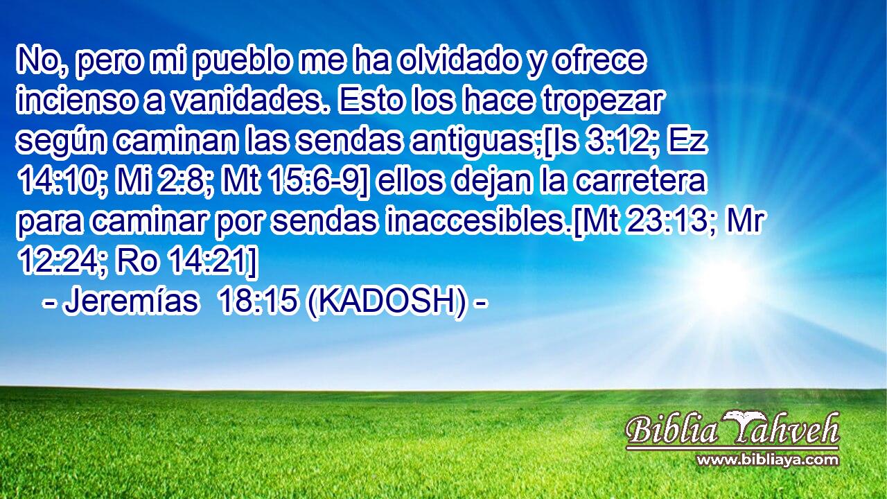 No, pero mi pueblo me ha olvidado y ofrece incienso a vanidades. Esto los hace tropezar según caminan las sendas antiguas;[Is 3:12; Ez 14:10; Mi 2:8; Mt 15:6-9] ellos dejan la carretera para caminar por sendas inaccesibles.[Mt 23:13; Mr 12:24; Ro 14:21] 