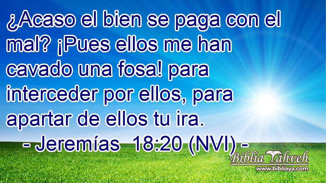  ¿Acaso el bien se paga con el mal? ¡Pues ellos me han cavado una fosa! para interceder por ellos, para apartar de ellos tu ira. 