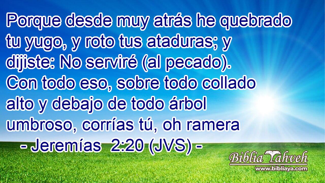 Porque desde muy atrás he quebrado tu yugo, y roto tus ataduras; y dijiste: No serviré (al pecado). Con todo eso, sobre todo collado alto y debajo de todo árbol umbroso, corrías tú, oh ramera