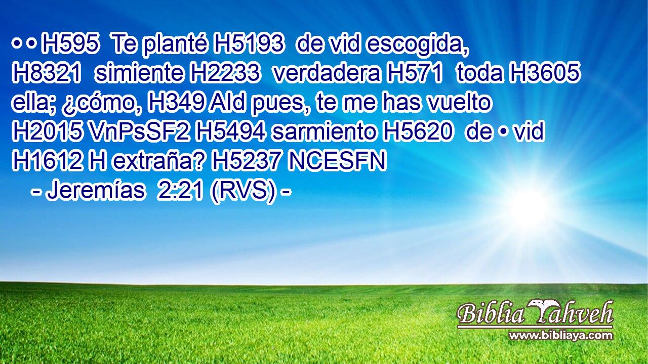 • • H595  Te planté H5193  de vid escogida, H8321  simiente H2233  verdadera H571  toda H3605  ella; ¿cómo, H349 AId pues, te me has vuelto H2015 VnPsSF2 H5494 sarmiento H5620  de • vid H1612 H extraña? H5237 NCESFN 