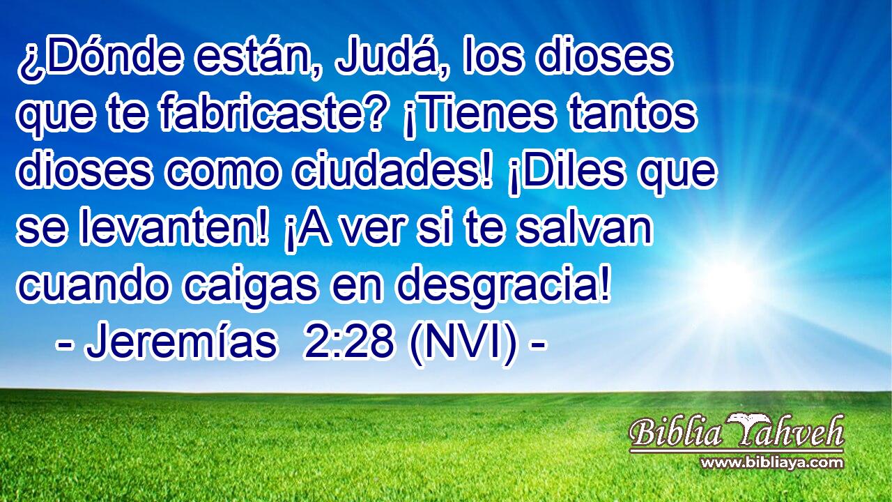  ¿Dónde están, Judá, los dioses que te fabricaste? ¡Tienes tantos dioses como ciudades! ¡Diles que se levanten! ¡A ver si te salvan cuando caigas en desgracia! 