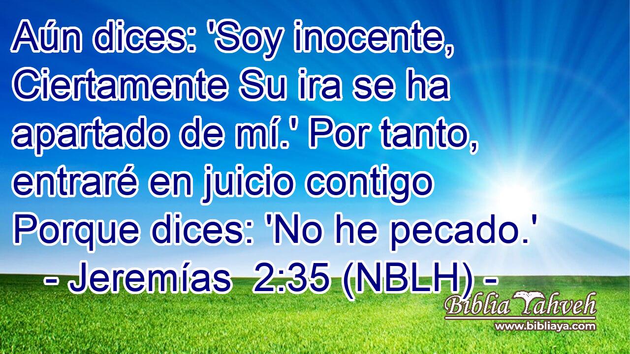  Aún dices: 'Soy inocente, Ciertamente Su ira se ha apartado de mí.' Por tanto, entraré en juicio contigo Porque dices: 'No he pecado.' 