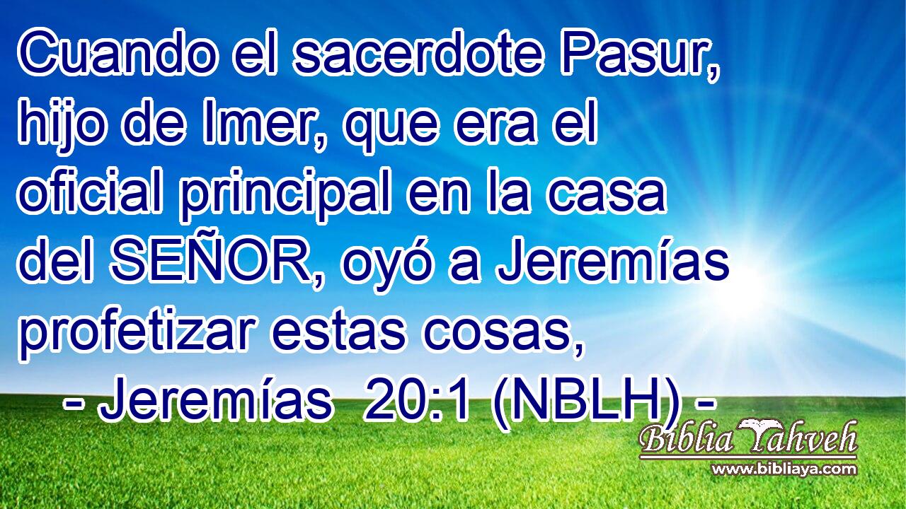  Cuando el sacerdote Pasur, hijo de Imer, que era el oficial principal en la casa del SEÑOR, oyó a Jeremías profetizar estas cosas, 