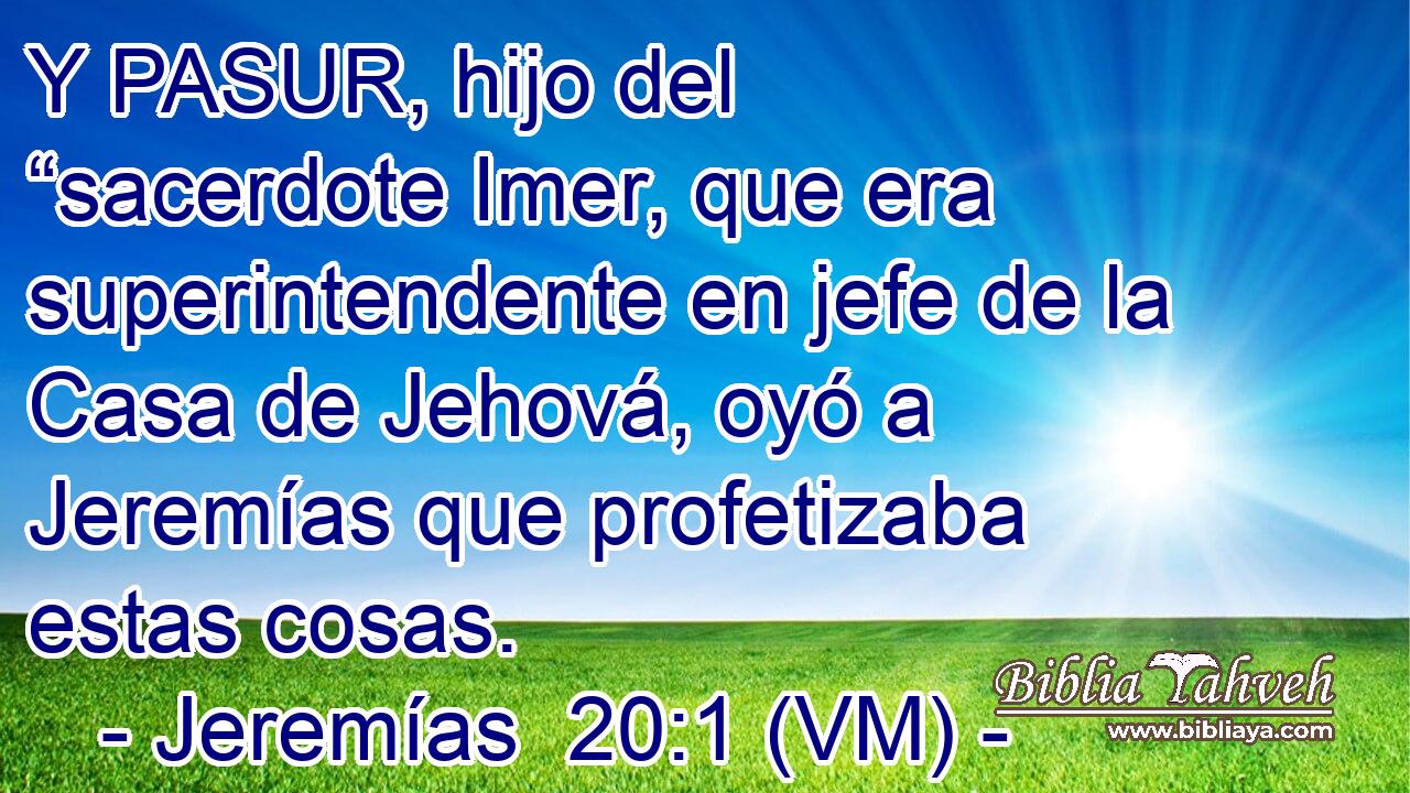  Y PASUR, hijo del  “sacerdote Imer, que era superintendente en jefe de la Casa de Jehová, oyó a Jeremías que profetizaba estas cosas. 