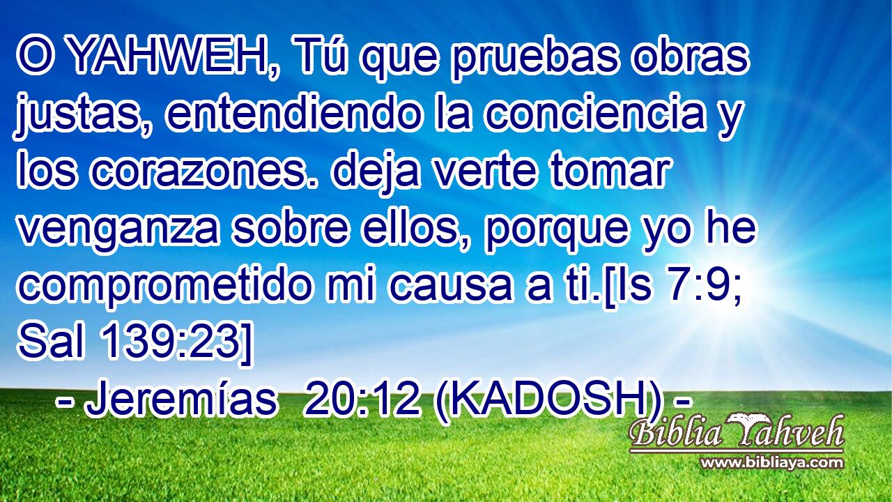  O YAHWEH, Tú que pruebas obras justas, entendiendo la conciencia y los corazones. deja verte tomar venganza sobre ellos, porque yo he comprometido mi causa a ti.[Is 7:9; Sal 139:23] 