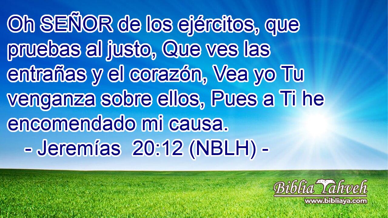  Oh SEÑOR de los ejércitos, que pruebas al justo, Que ves las entrañas y el corazón, Vea yo Tu venganza sobre ellos, Pues a Ti he encomendado mi causa. 
