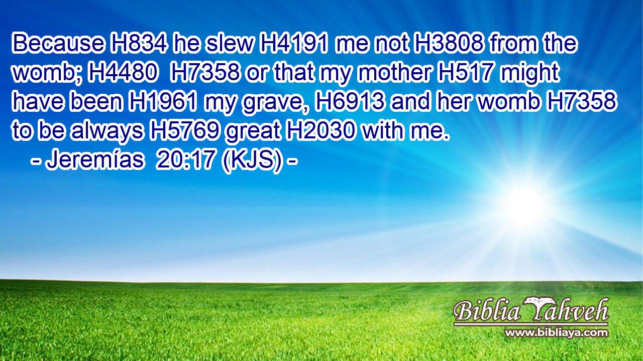 Because H834 he slew H4191 me not H3808 from the womb; H4480  H7358 or that my mother H517 might have been H1961 my grave, H6913 and her womb H7358 to be always H5769 great H2030 with me.