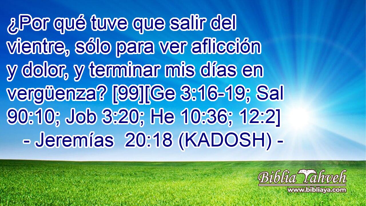  ¿Por qué tuve que salir del vientre, sólo para ver aflicción y dolor, y terminar mis días en vergüenza? [99][Ge 3:16-19; Sal 90:10; Job 3:20; He 10:36; 12:2] 