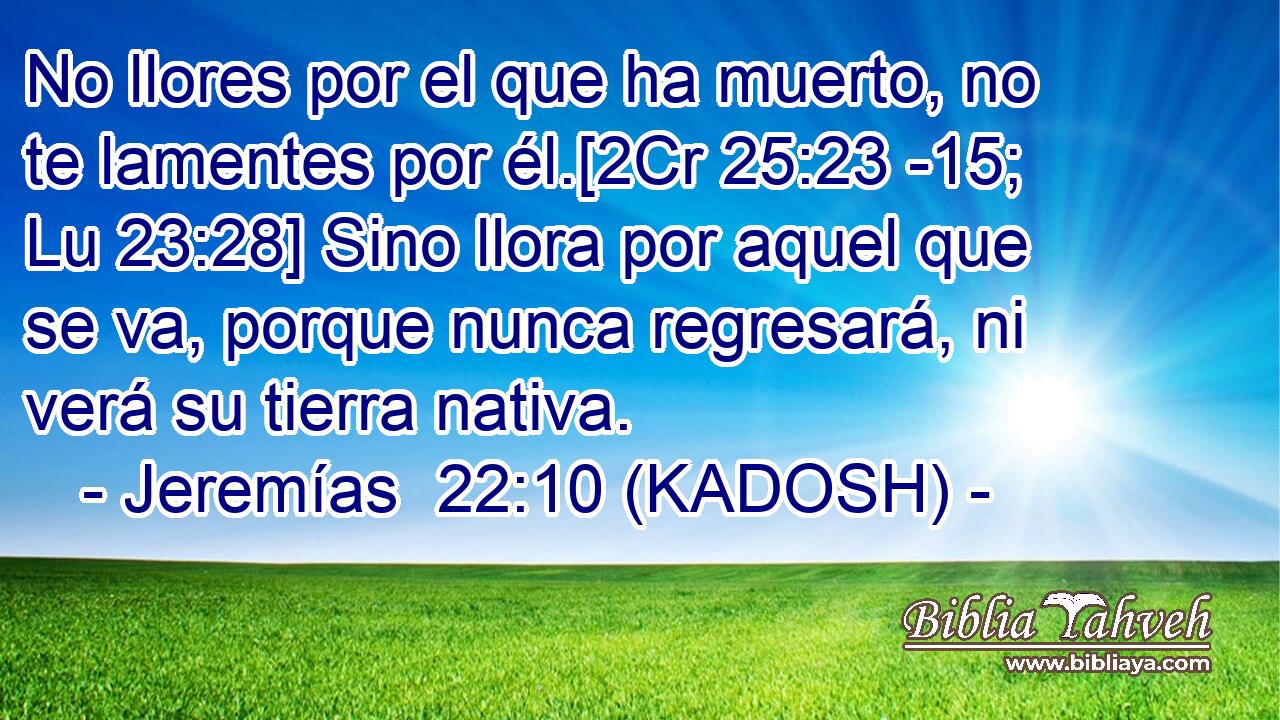  No llores por el que ha muerto, no te lamentes por él.[2Cr 25:23 -15; Lu 23:28] Sino llora por aquel que se va, porque nunca regresará, ni verá su tierra nativa. 