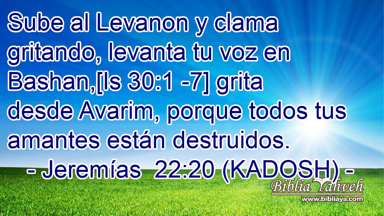  Sube al Levanon y clama gritando, levanta tu voz en Bashan,[Is 30:1 -7] grita desde Avarim, porque todos tus amantes están destruidos. 