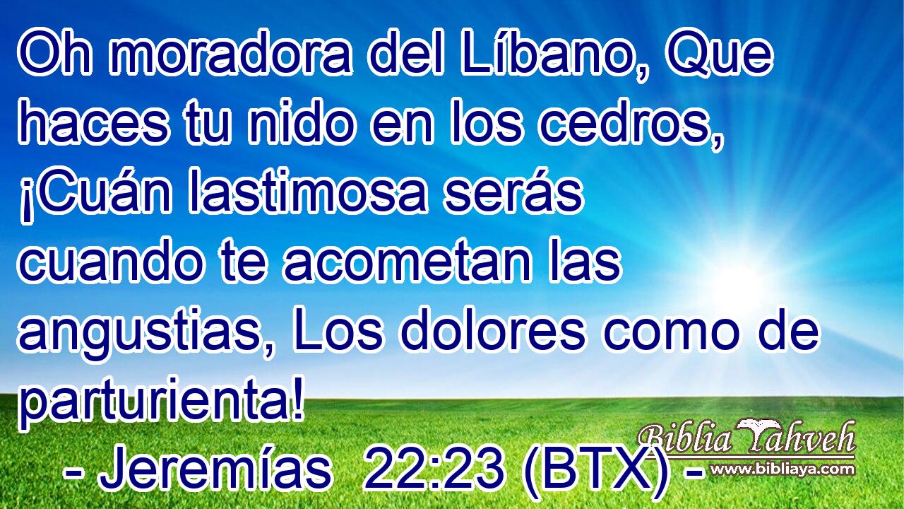 Oh moradora del Líbano, Que haces tu nido en los cedros, ¡Cuán lastimosa serás cuando te acometan las angustias, Los dolores como de parturienta!