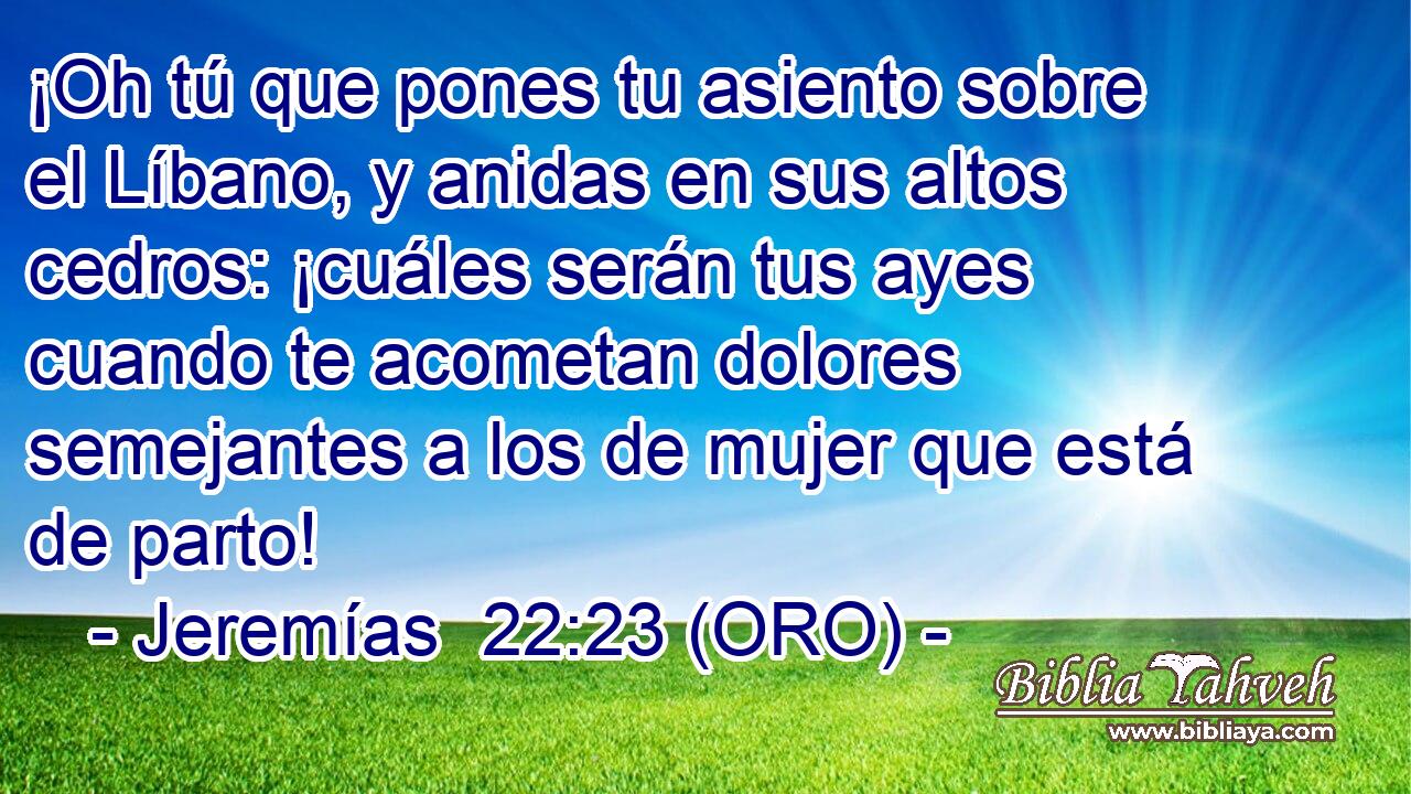  ¡Oh tú que pones tu asiento sobre el Líbano, y anidas en sus altos cedros: ¡cuáles serán tus ayes cuando te acometan dolores semejantes a los de mujer que está de parto! 
