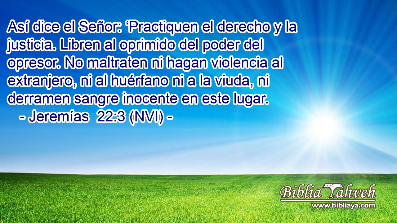  Así dice el Señor: ‘Practiquen el derecho y la justicia. Libren al oprimido del poder del opresor. No maltraten ni hagan violencia al extranjero, ni al huérfano ni a la viuda, ni derramen sangre inocente en este lugar. 