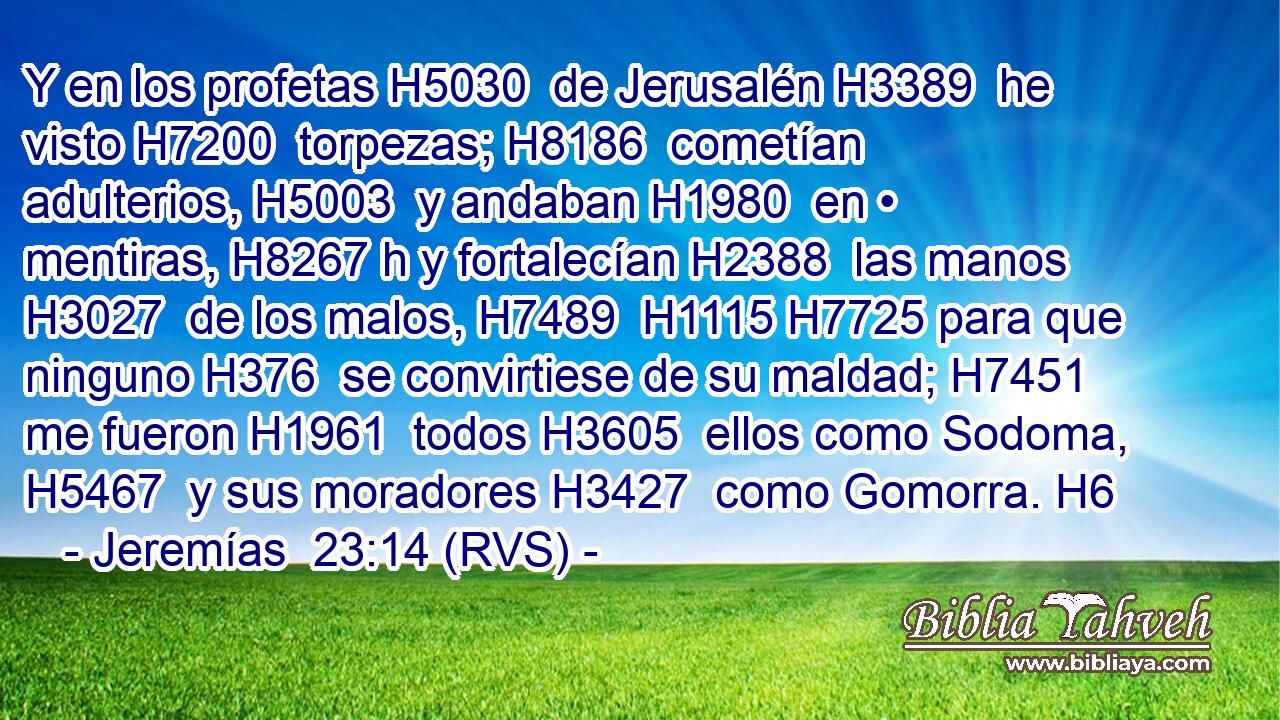 Y en los profetas H5030  de Jerusalén H3389  he visto H7200  torpezas; H8186  cometían adulterios, H5003  y andaban H1980  en • mentiras, H8267 h y fortalecían H2388  las manos H3027  de los malos, H7489  H1115 H7725 para que ninguno H376  se convirtiese de su maldad; H7451  me fueron H1961  todos H3605  ellos como Sodoma, H5467  y sus moradores H3427  como Gomorra. H6