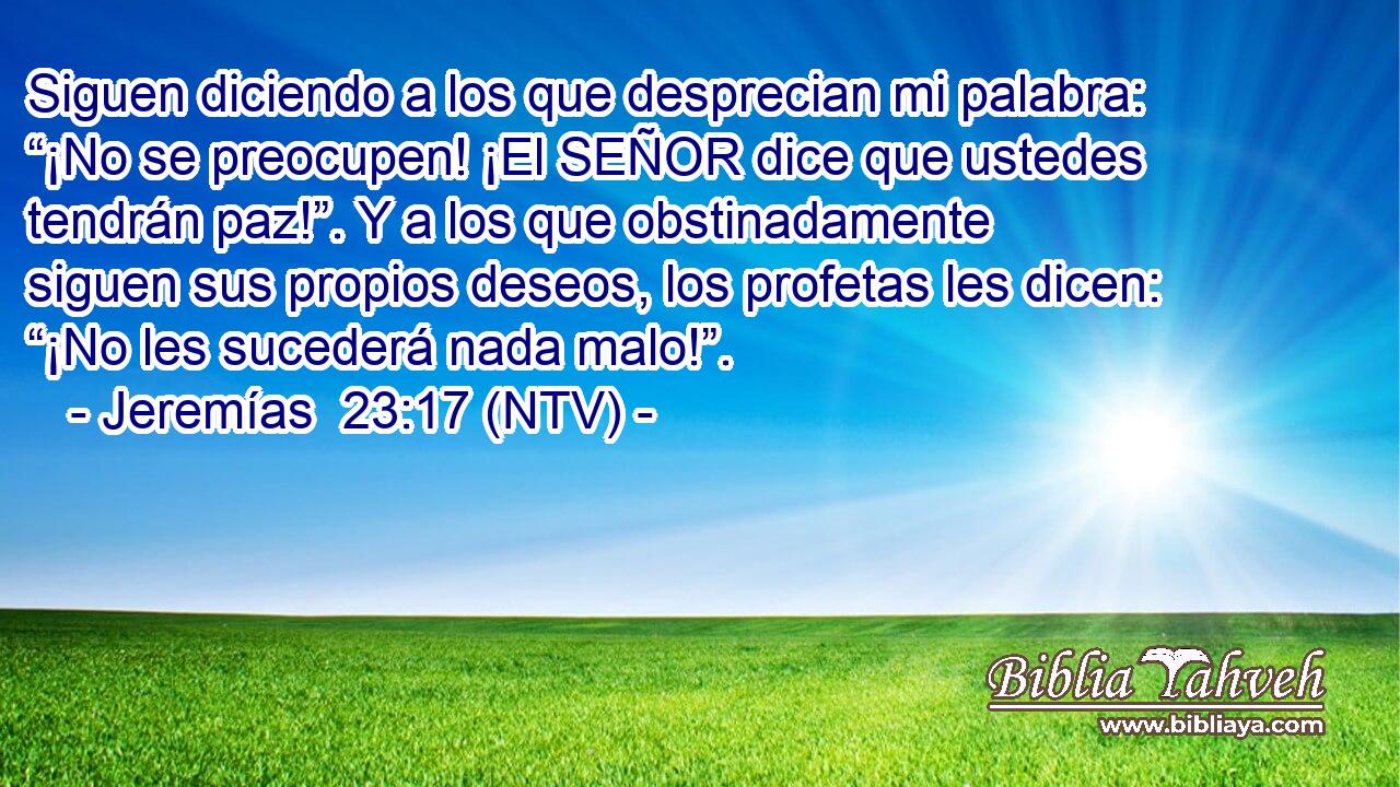 Siguen diciendo a los que desprecian mi palabra: “¡No se preocupen! ¡El SEÑOR dice que ustedes tendrán paz!”. Y a los que obstinadamente siguen sus propios deseos, los profetas les dicen: “¡No les sucederá nada malo!”.