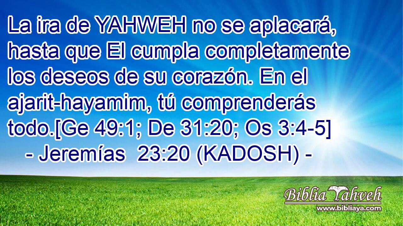  La ira de YAHWEH no se aplacará, hasta que El cumpla completamente los deseos de su corazón. En el ajarit-hayamim, tú comprenderás todo.[Ge 49:1; De 31:20; Os 3:4-5] 