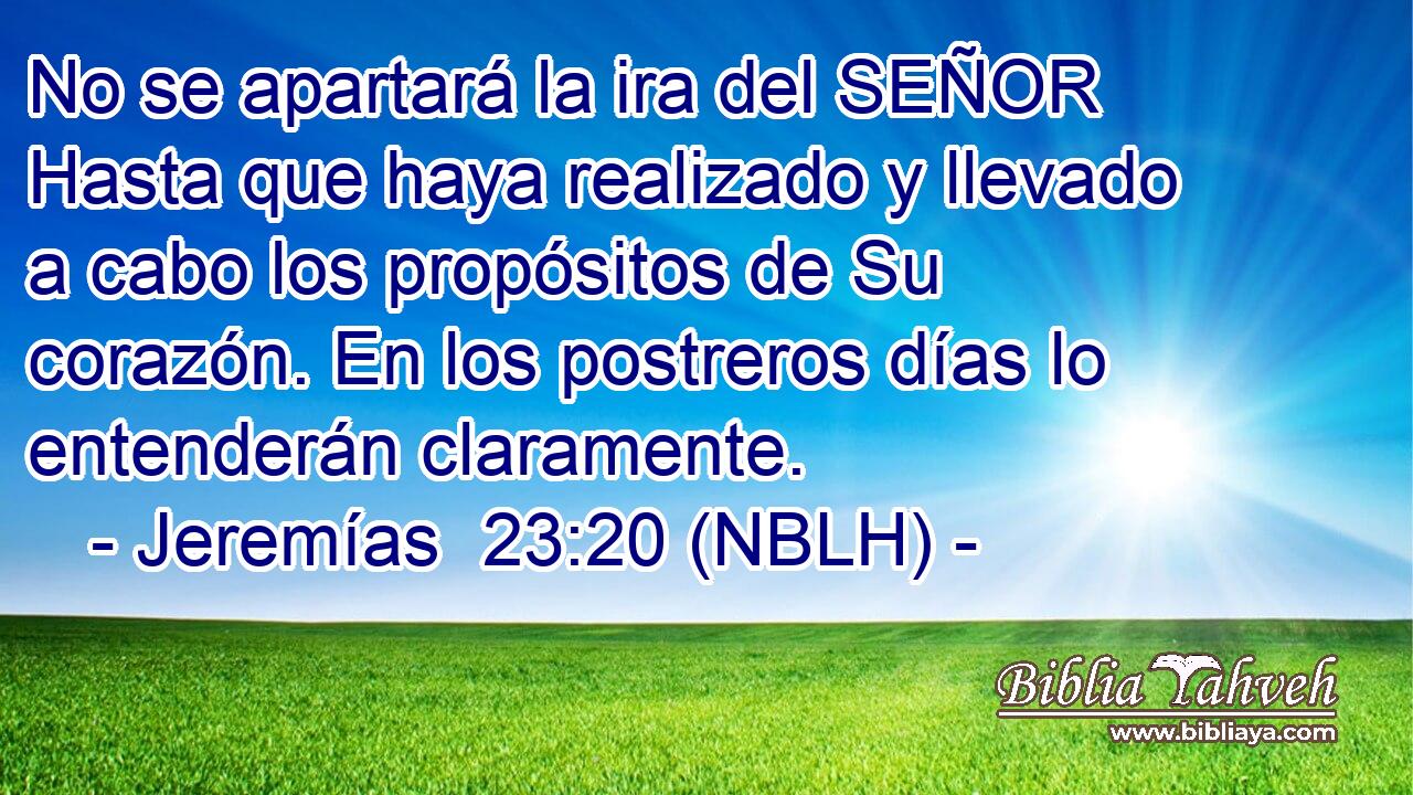  No se apartará la ira del SEÑOR Hasta que haya realizado y llevado a cabo los propósitos de Su corazón. En los postreros días lo entenderán claramente. 